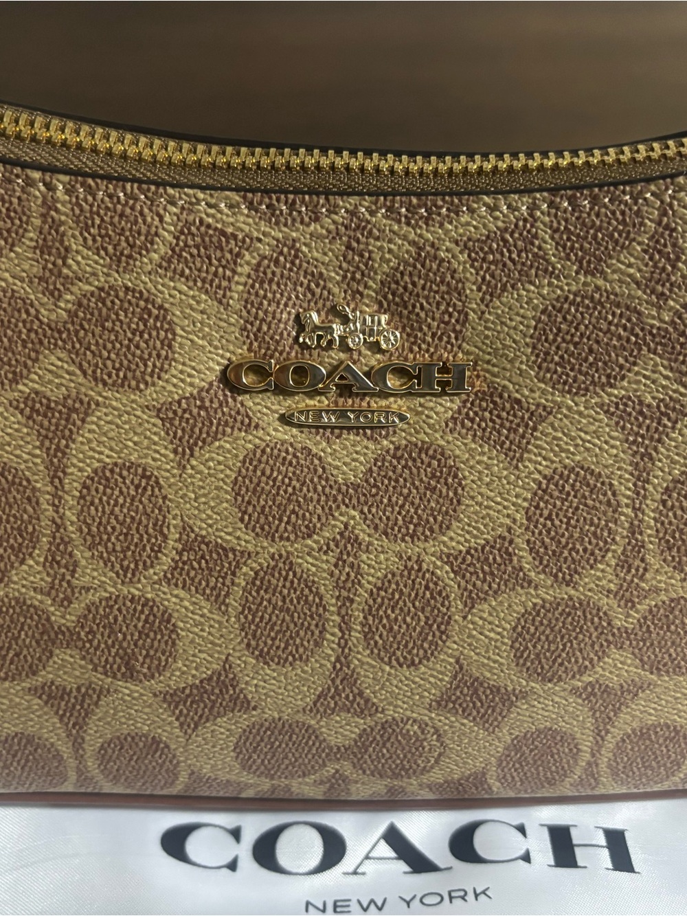 Coach Monogram Canvas Shoulder Bag in Brown and Tan with Gold Logo